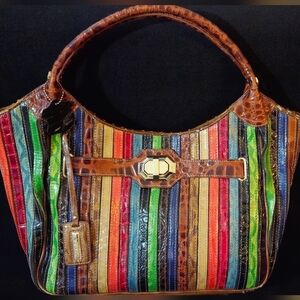Madi Claire Vintage Multi-Color Striped with Cognac Brown Trim Faux Leather Bag